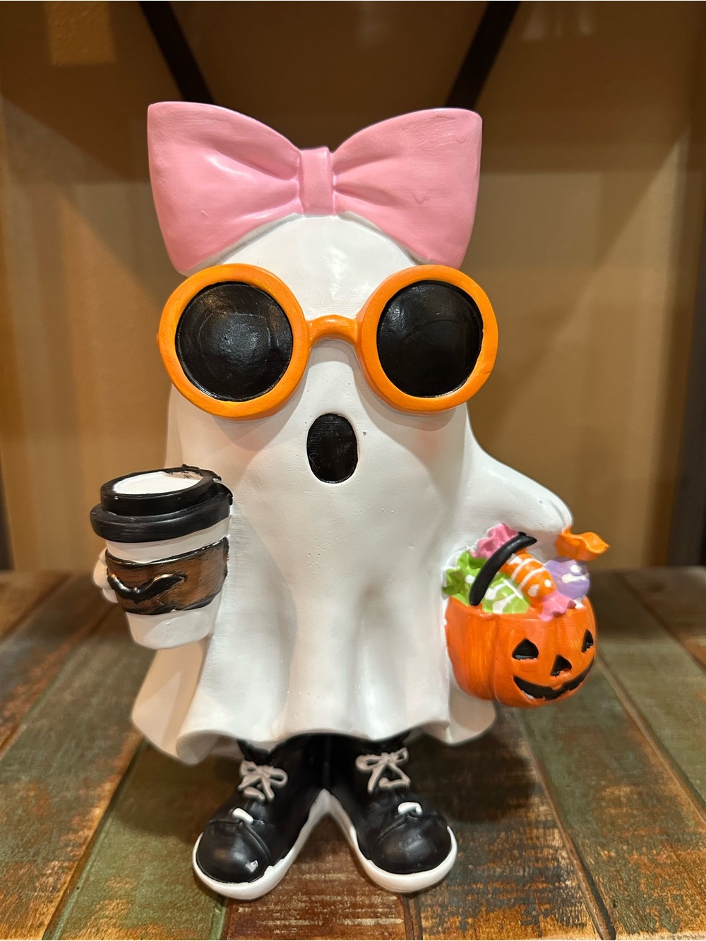 Cute Halloween Ghost Figurine with Pink Bow & Orange Accessories
